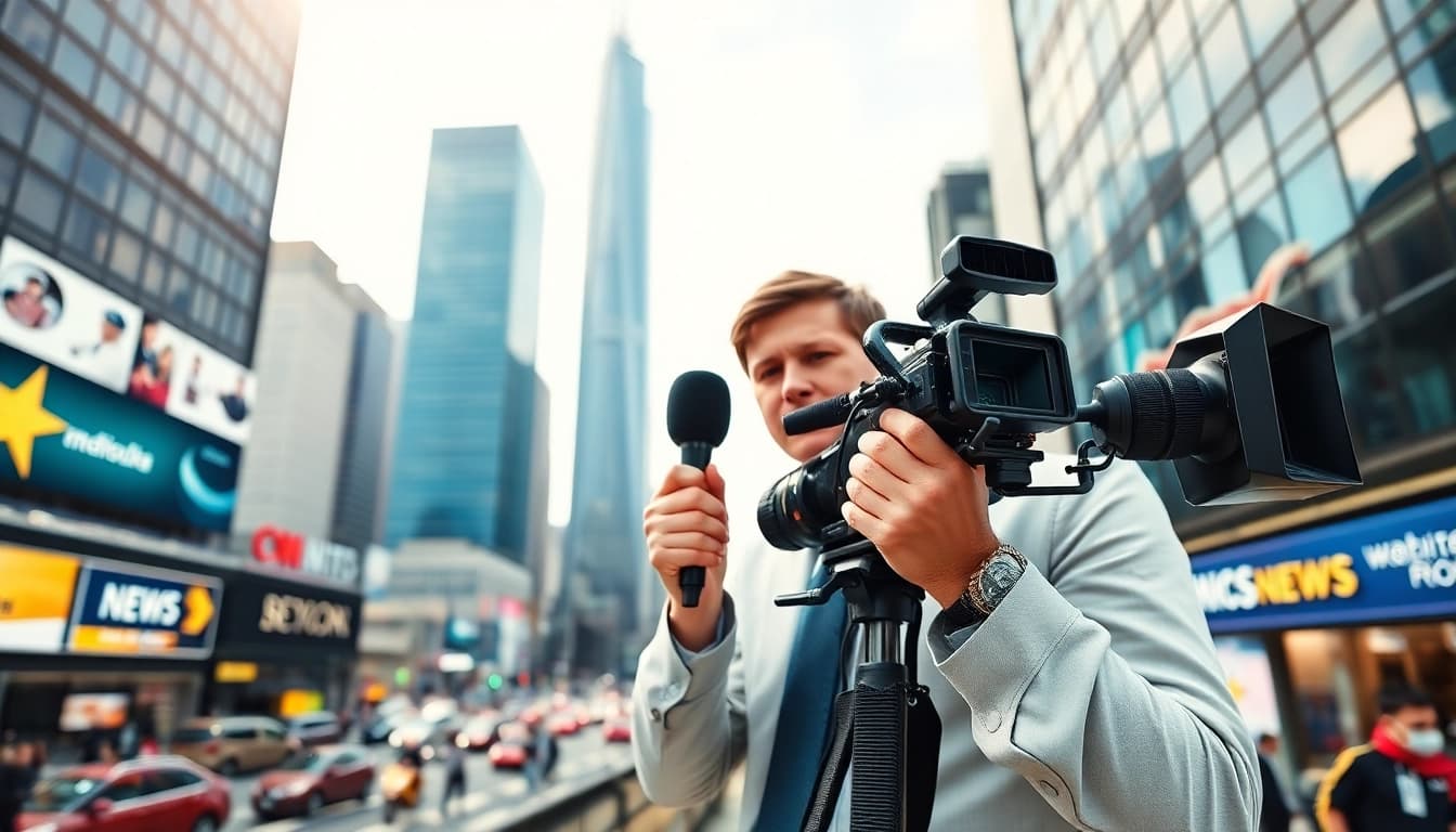 Engaging news reporter delivering the latest News in a vibrant urban environment.