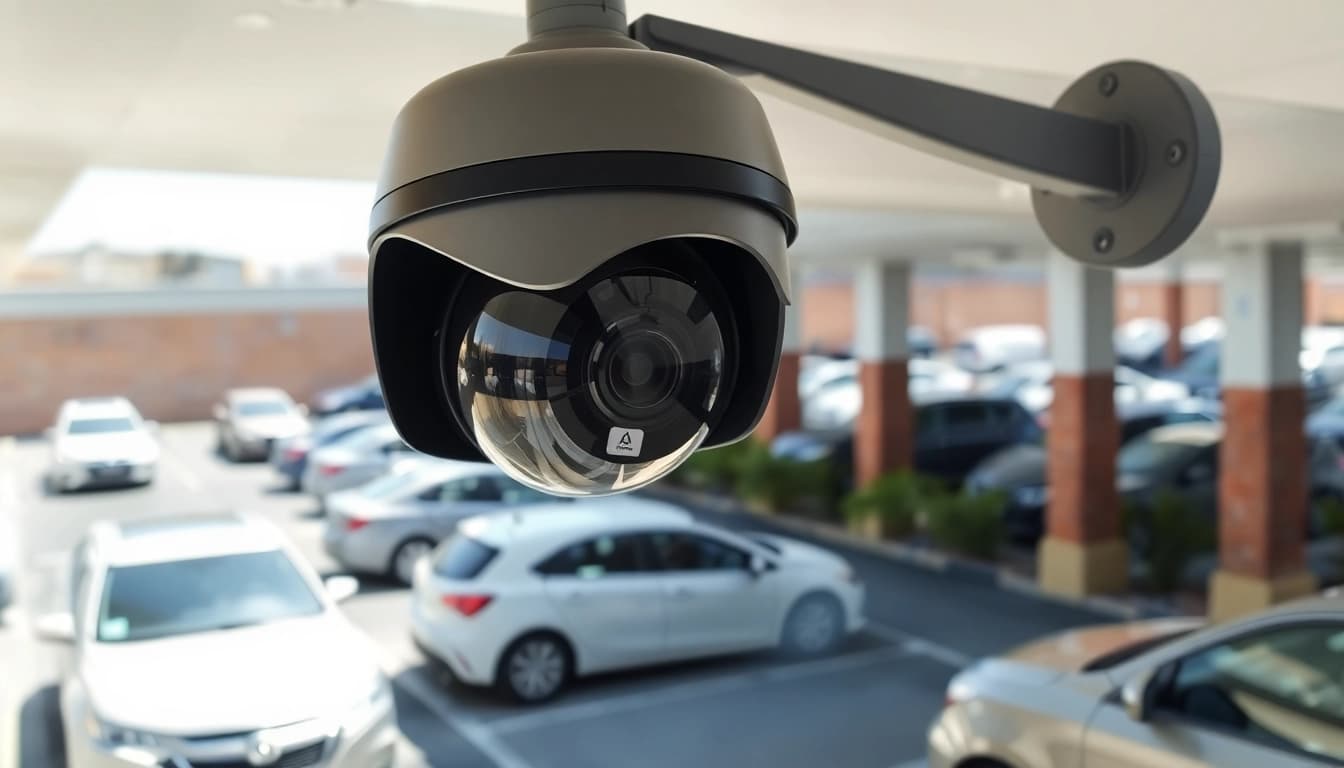 Showcasing a license plate recognition camera in action, capturing vehicle details at a busy entrance.