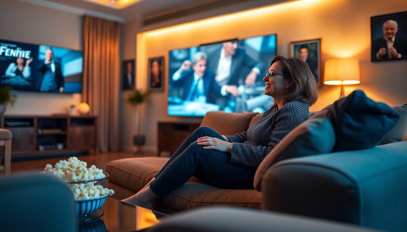 Enjoying movies online in a cozy living room setting with popcorn and mood lighting.