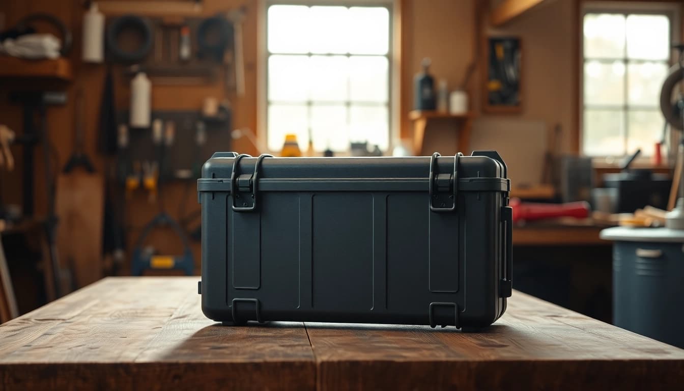 Close-up of hard case showcasing durability and protection features in a wooden workshop.