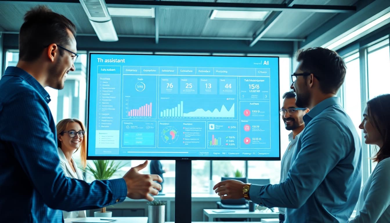 Showcasing an enterprise ai assistant assisting a team in a modern office setting