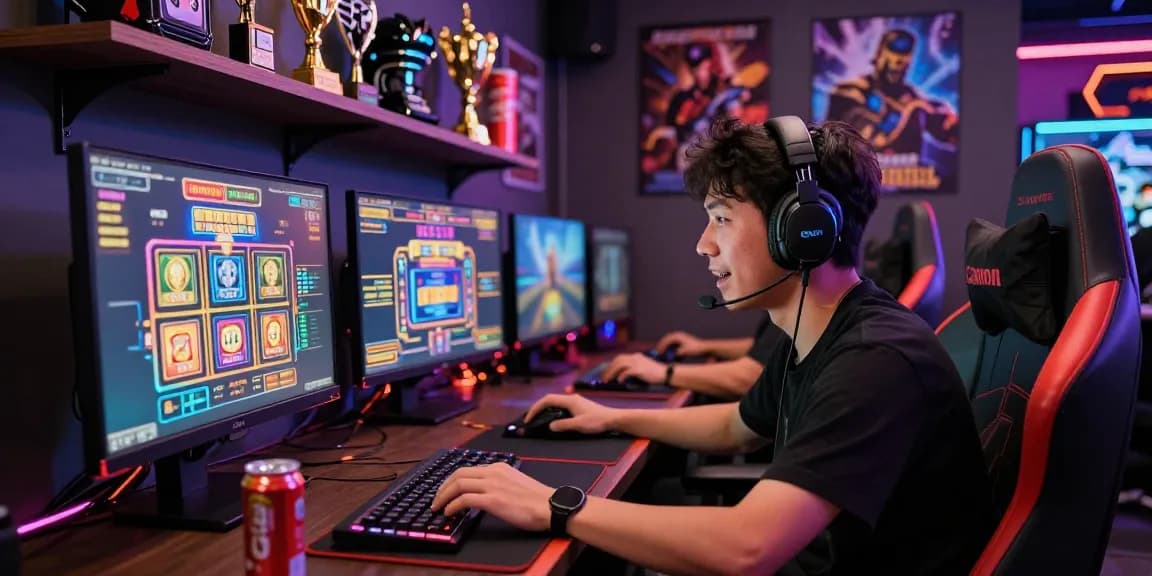 Gamer immersed in ZEUS222 online casino environment, surrounded by vibrant graphics and gaming equipment.