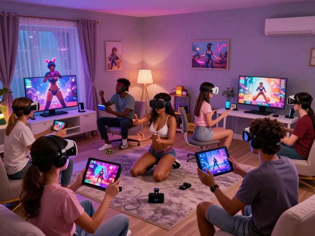 Engaging scene from a sex simulator showing diverse characters in intimate virtual interactions.