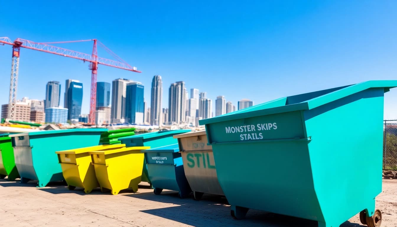 Monster Skips featured prominently at a construction site, showcasing various sizes for effective waste management.