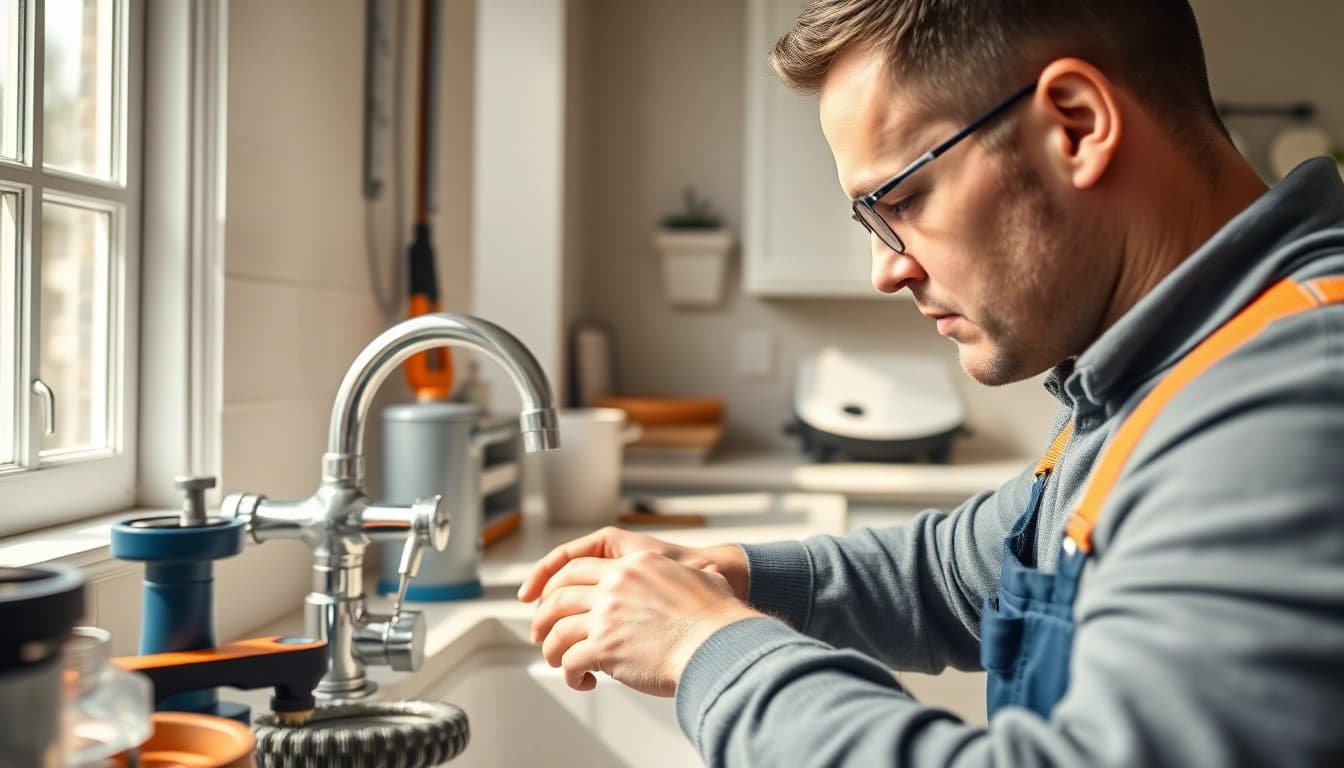 Find a reliable plumber near me fixing a sink in a bright kitchen.