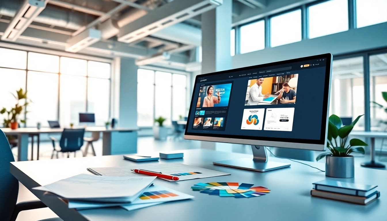 Webdesign Agentur mit modernem Arbeitsplatz und kreativen Entwürfen im Hintergrund.