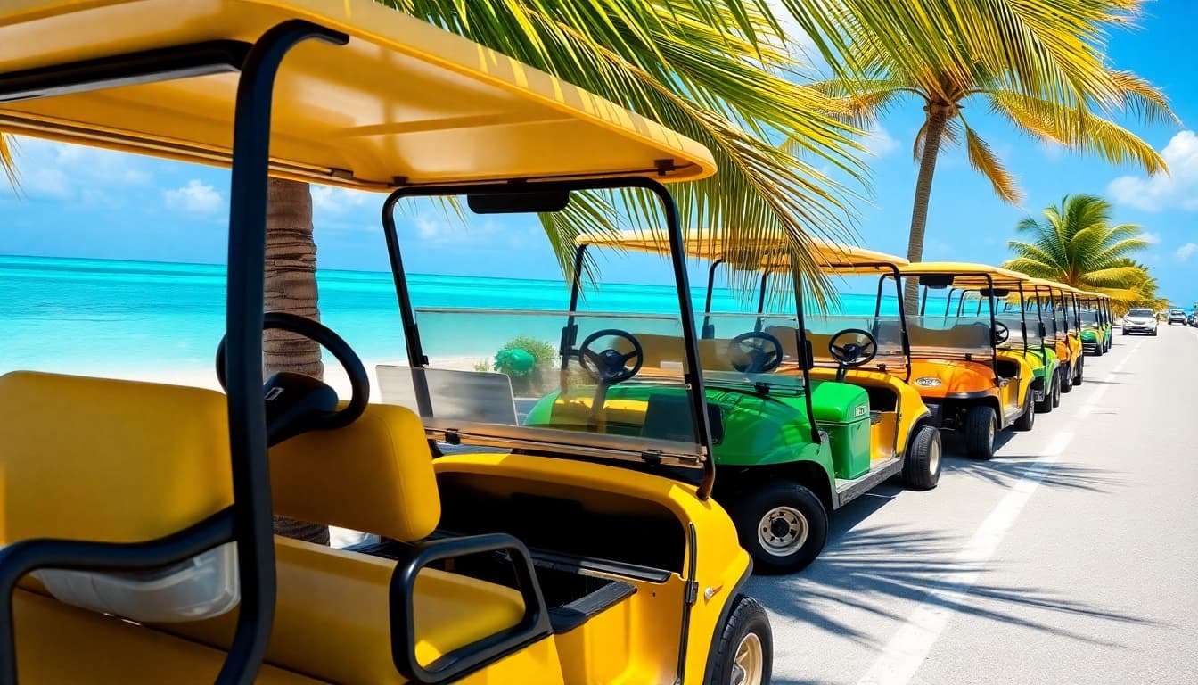 Golf Cart Rental San Pedro Belize presented along a beautiful beach road under palm trees.
