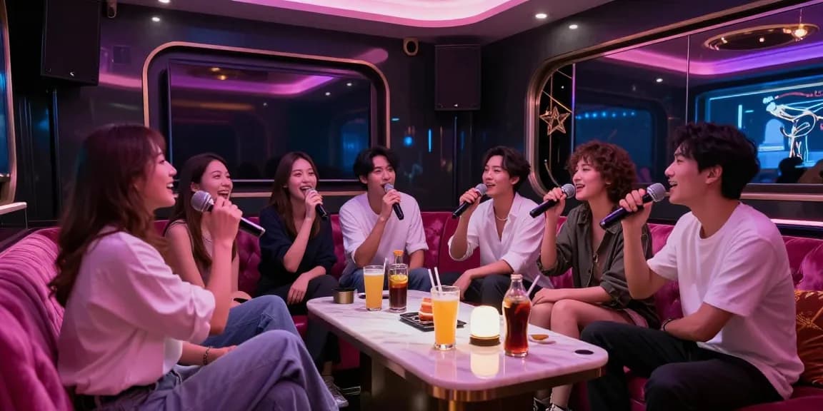 강남의 고급 가라오케 공간에서 친구들이 즐겁게 노래하고 음료를 나누며 즐기는 모습, gangnamtune.com/에서 제공하는 완벽한 정보 가이드와 함께