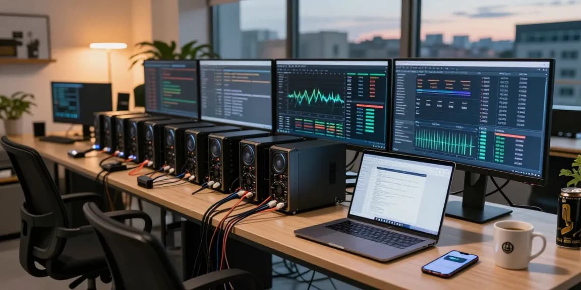 Crypto mining service setup with multiple miners and trading dashboards in a modern workspace