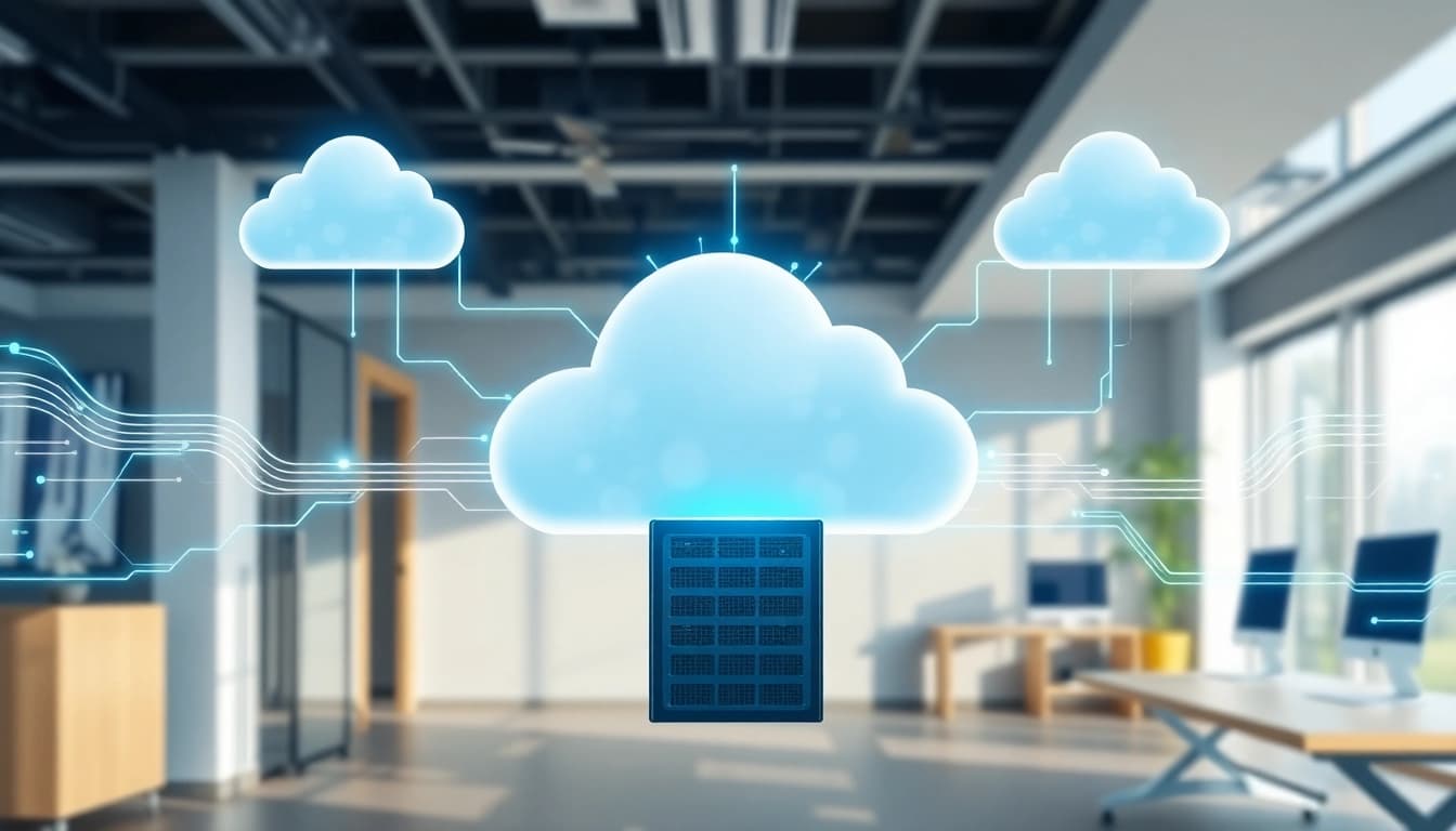 Visualizing cloud migration services with a digital asset transition, showcasing vibrant data streams and a professional atmosphere.