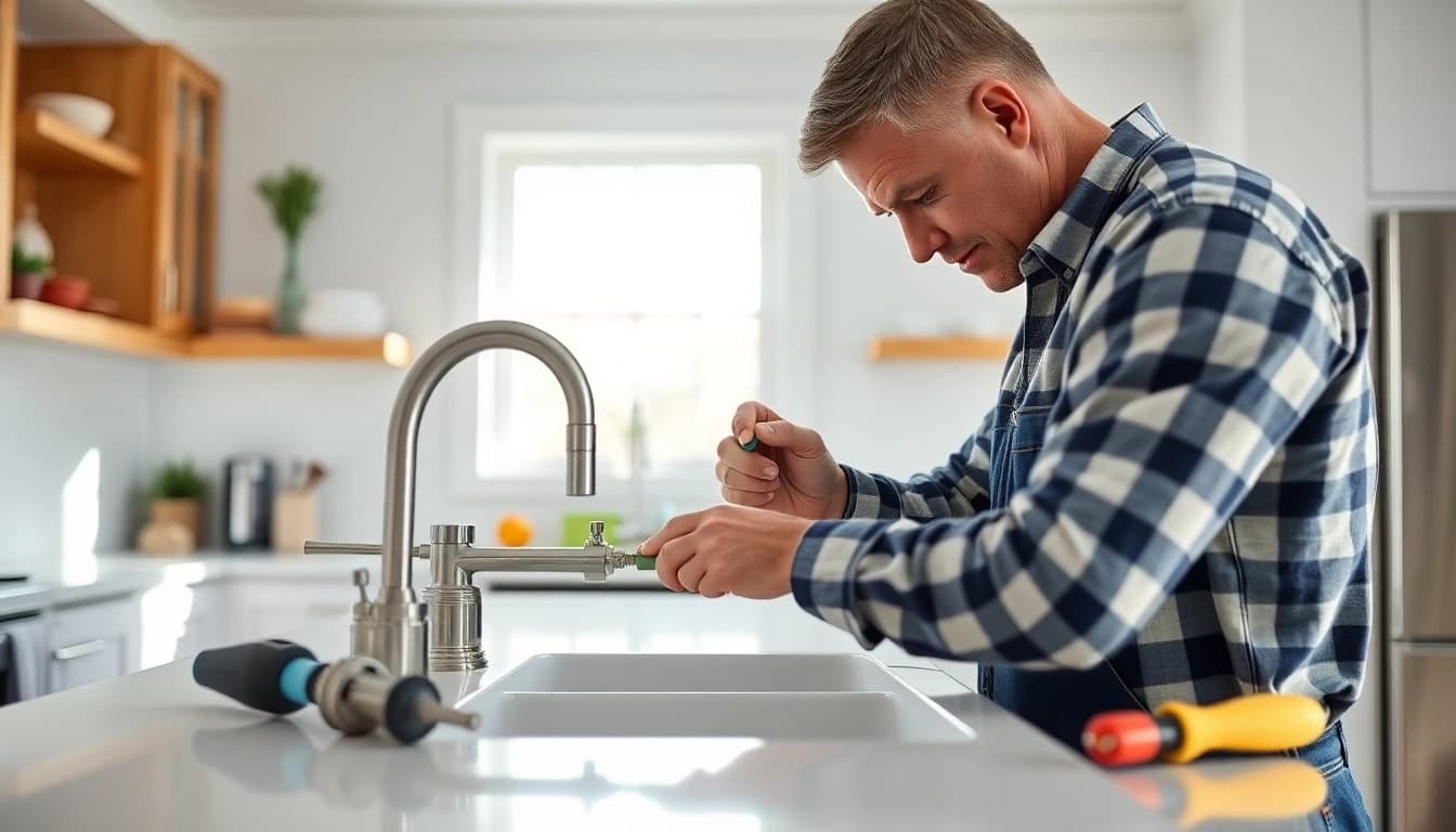 Fixing plumbing issues with a skilled plumber knightdale in a bright kitchen setting.