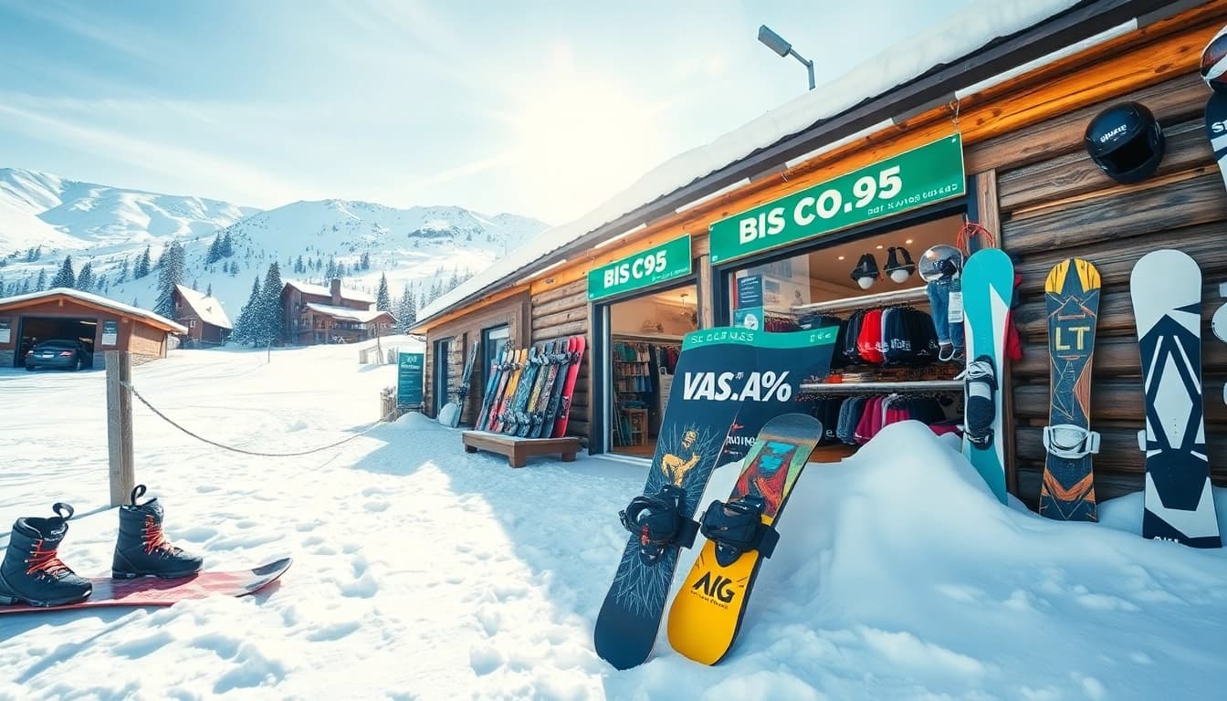 Bright snowboard store showcasing colorful gear and accessories in a snowy landscape.