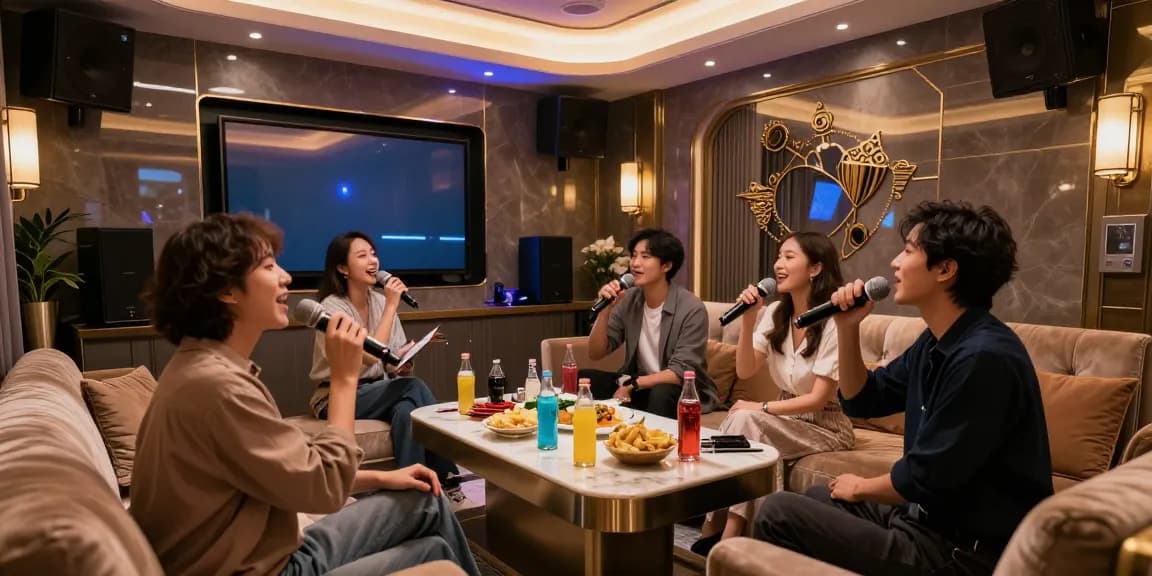 강남가라오케에서 친구들과 함께 노래를 즐기는 고급스러운 프라이빗 룸.