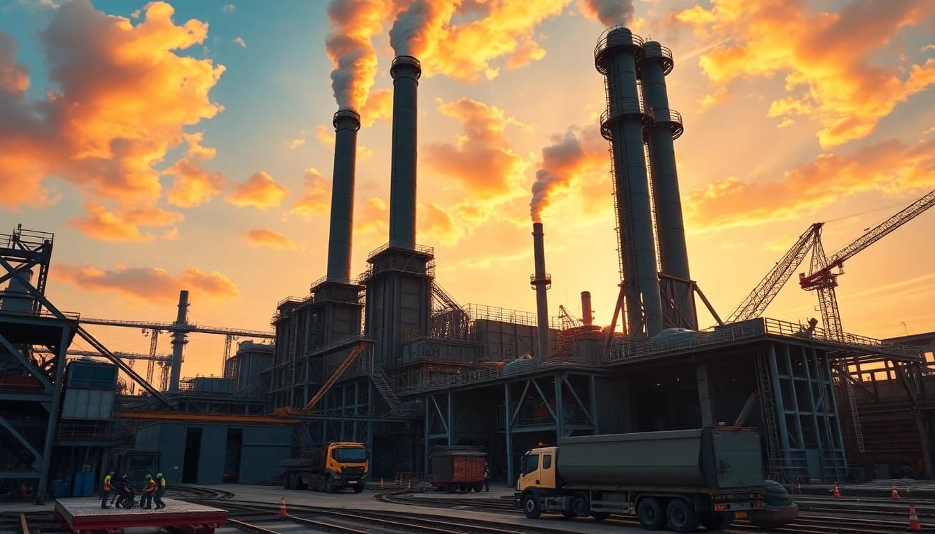 Workers operating machinery at a modern steel mill amidst dramatic sunset.