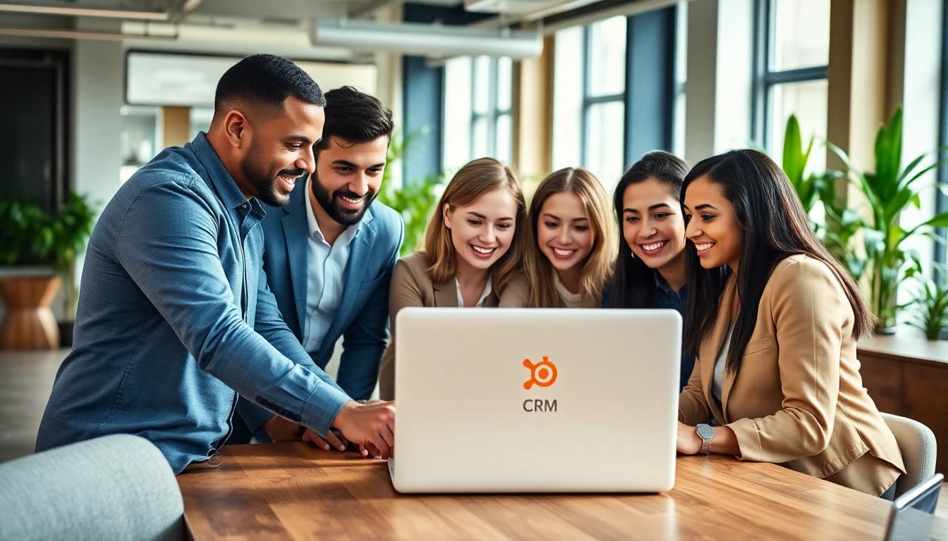 Boost your business with hubspot crm free by a collaborative team in a modern office.