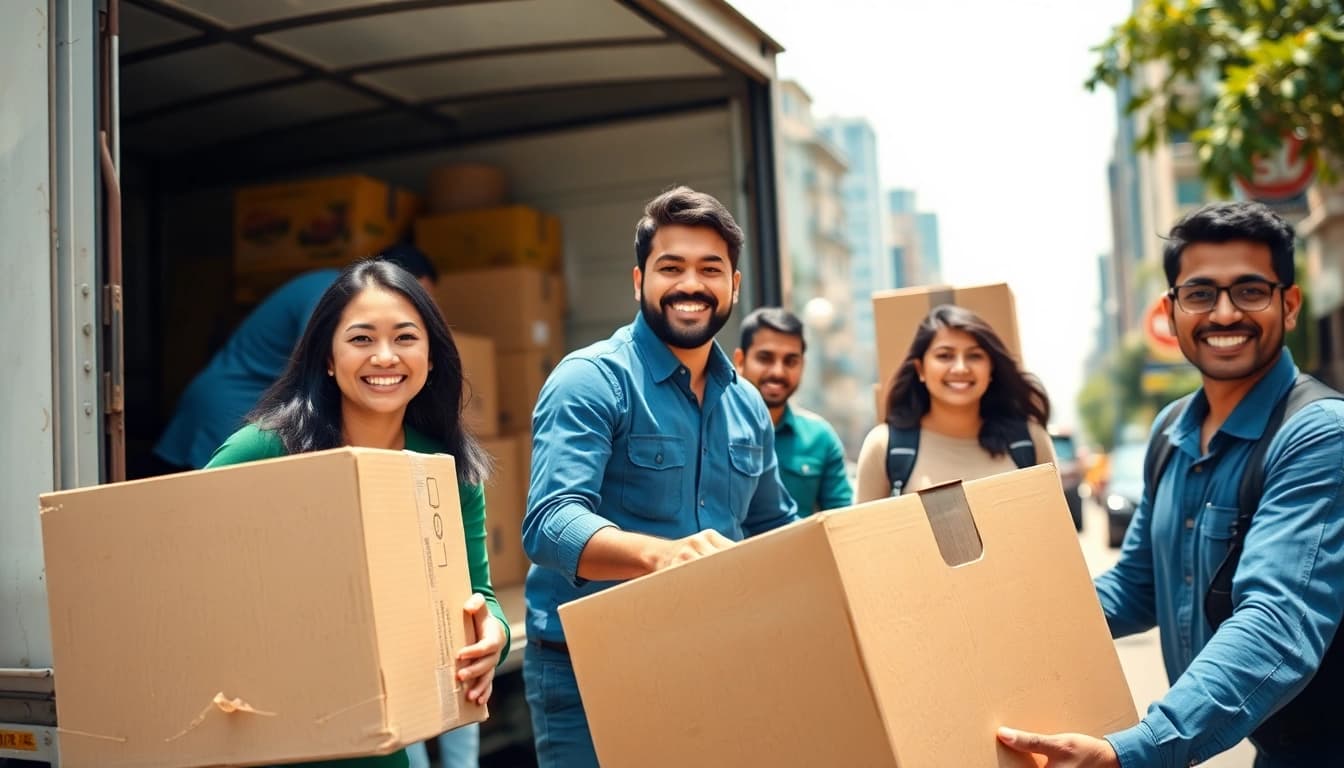 Efficient movers and packers in Pune handling boxes in a bustling urban scene.