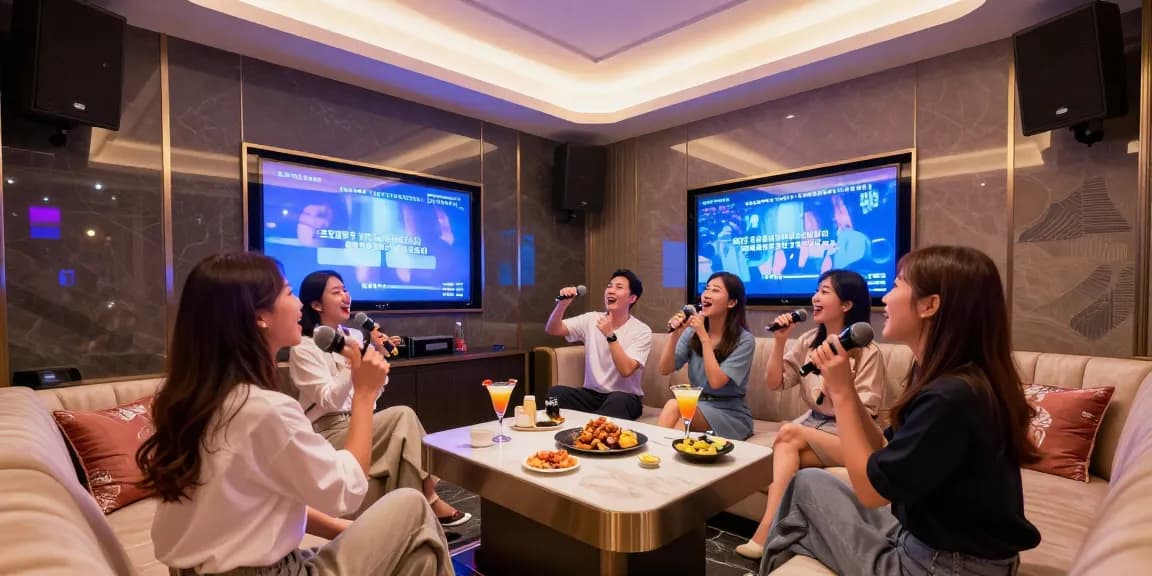 강남구구단의 현대적이고 고급스러운 노래방 룸에서 친구들이 즐겁게 노래하는 모습