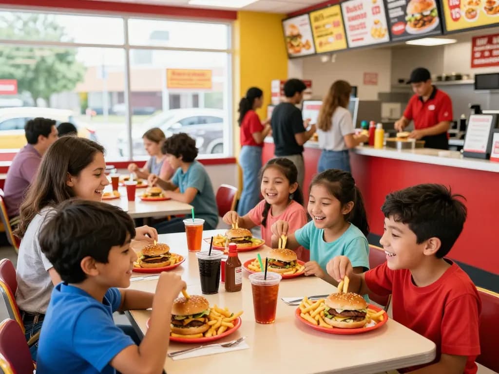 Families enjoying fast food meals at a busy restaurant highlighting fast food prices.