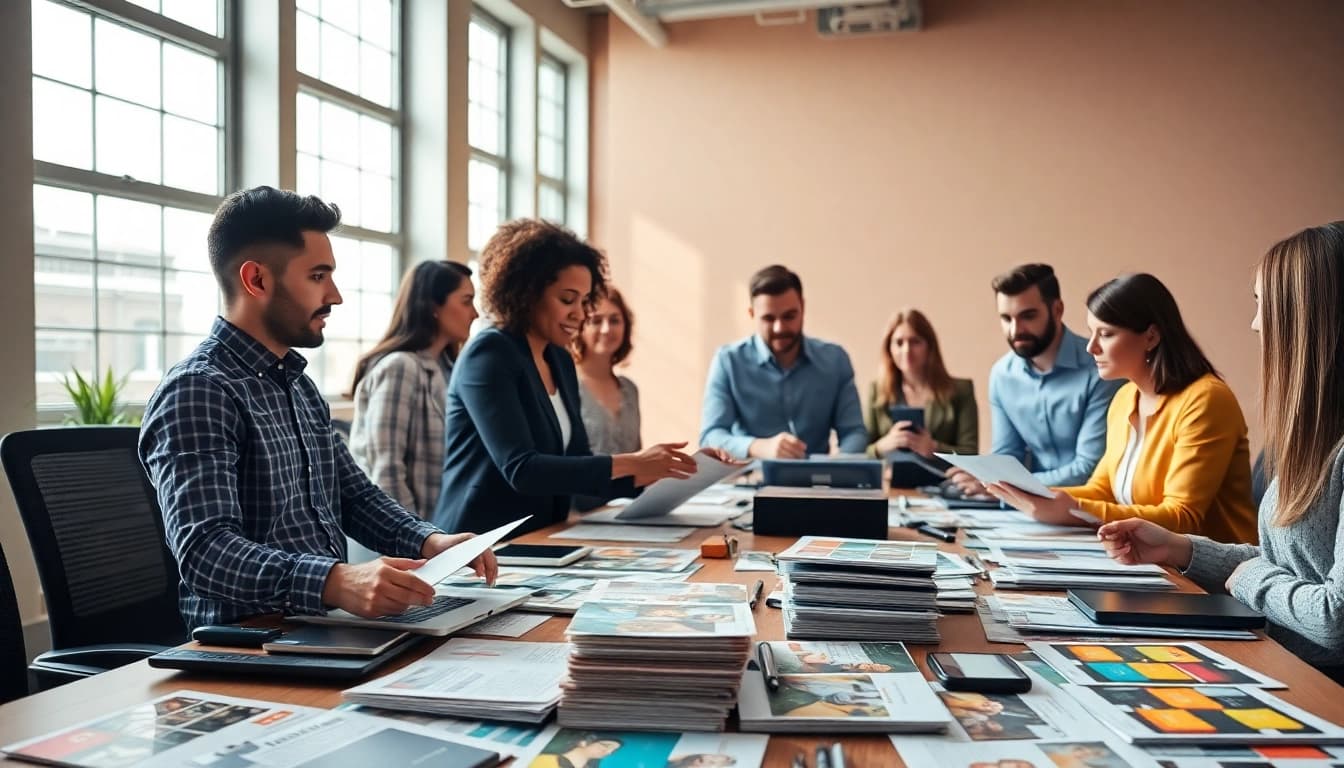 Apex Direct Mail team work collaboratively on innovative print strategies in a bright office environment.
