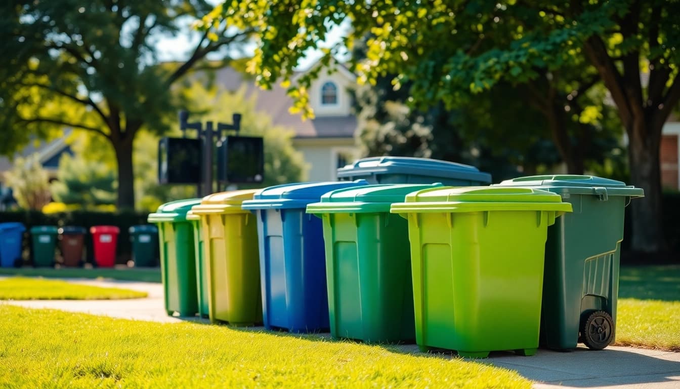Efficient garbage removal bins organized in a suburban space, emphasizing cleanliness and community service.