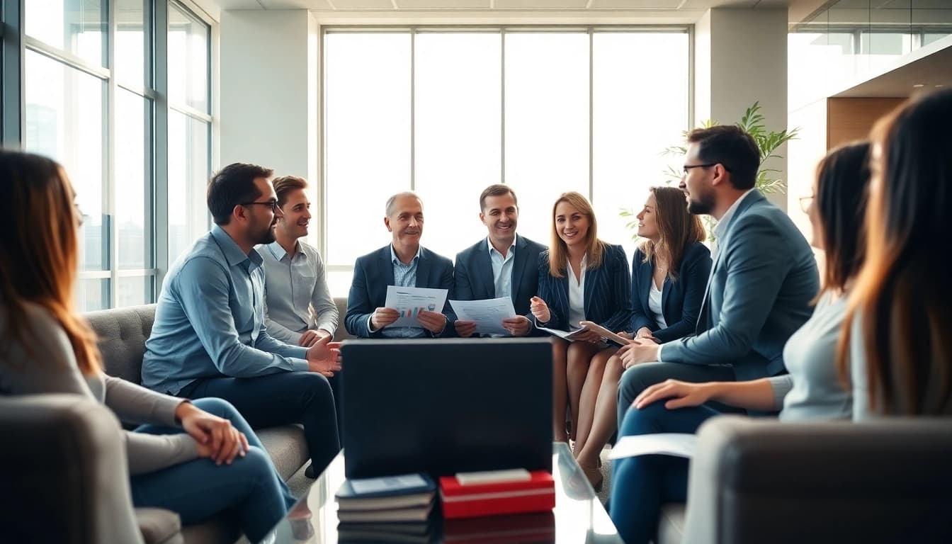 Engaging business conversation with professionals collaborating in a modern office.