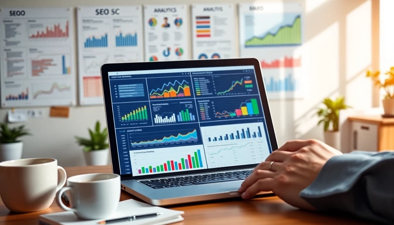 Marketing professional analyzing SEO strategies and data insights in a modern office setting.