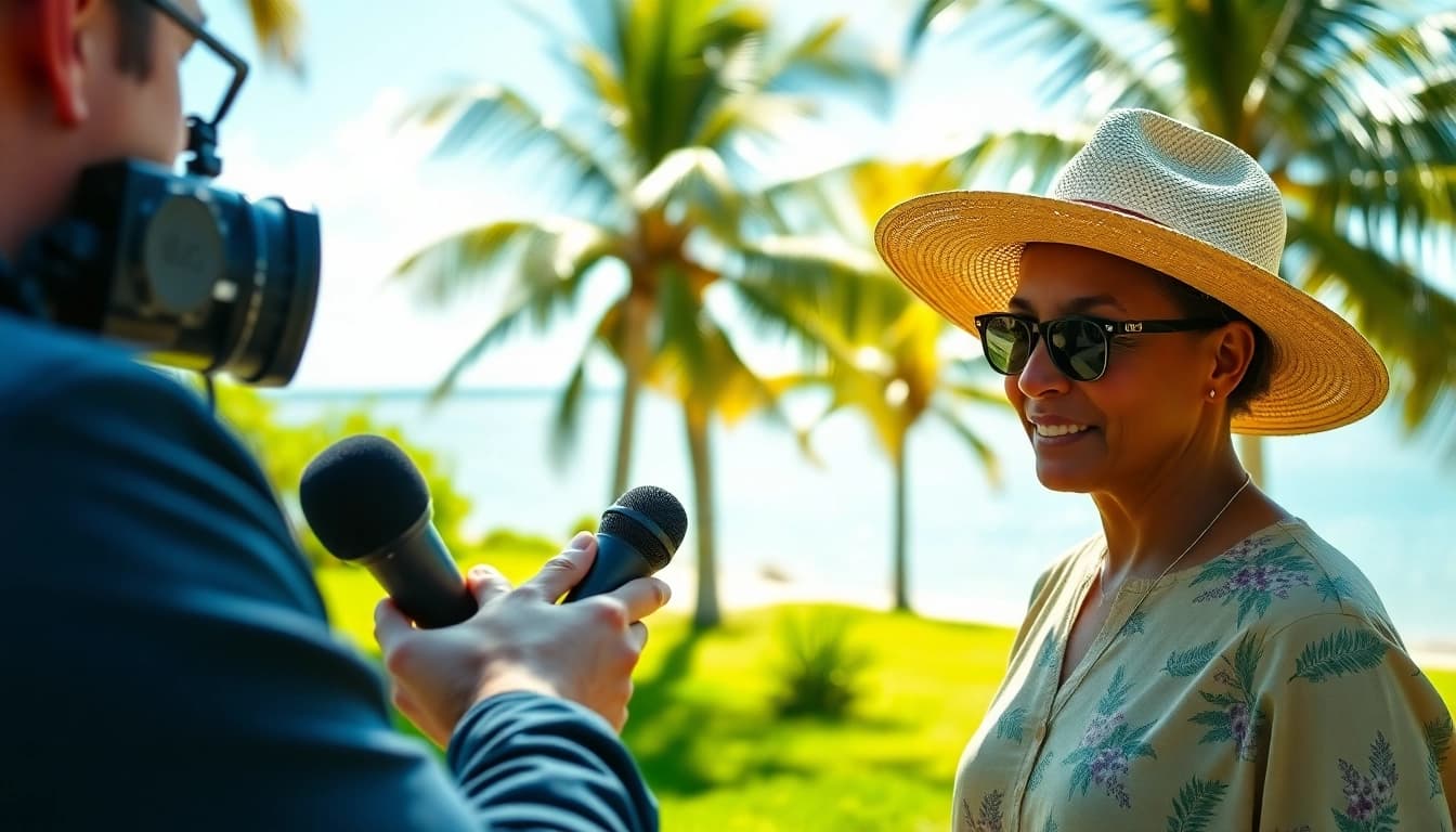 Engaging conversation on https://kbindependent.org/ amidst Key Biscayne's vibrant scenery.