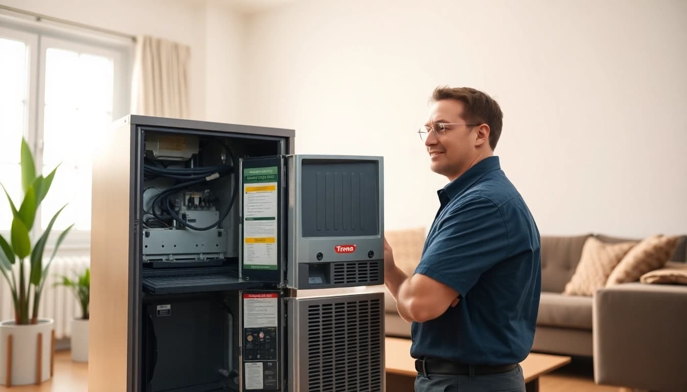 Trane furnace dealer technician examining a heater in a stylish home environment.