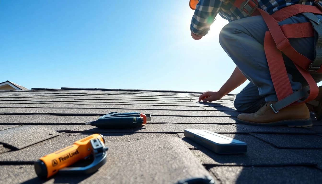 Skilled roofing contractor installing shingles on a residential roof.