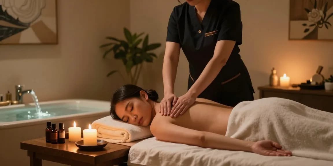 마사지 중인 전문가와 고객이 편안한 스파 환경에서 아로마 오일과 촛불로 조용한 분위기를 연출합니다.