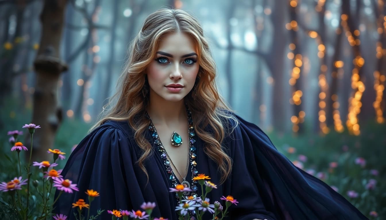 Experience spiritual magic with the enchanting witch on https://julielynn.co amidst a mystical forest.