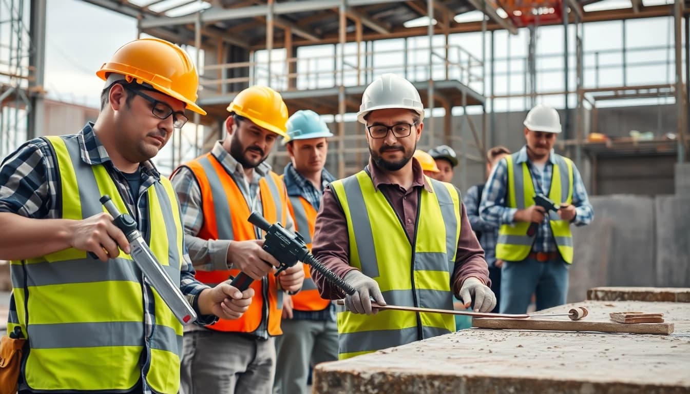 Construction workforce training scene with workers actively learning and collaborating on-site.