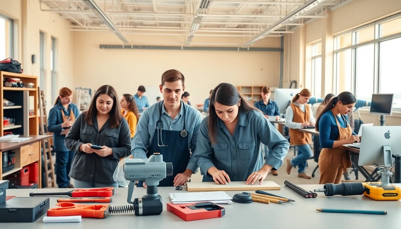 Engaged students at trade schools in Southern California learning various skills.