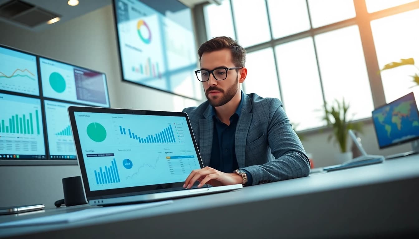Marketer using a content tracking tool on a laptop amidst data analytics.