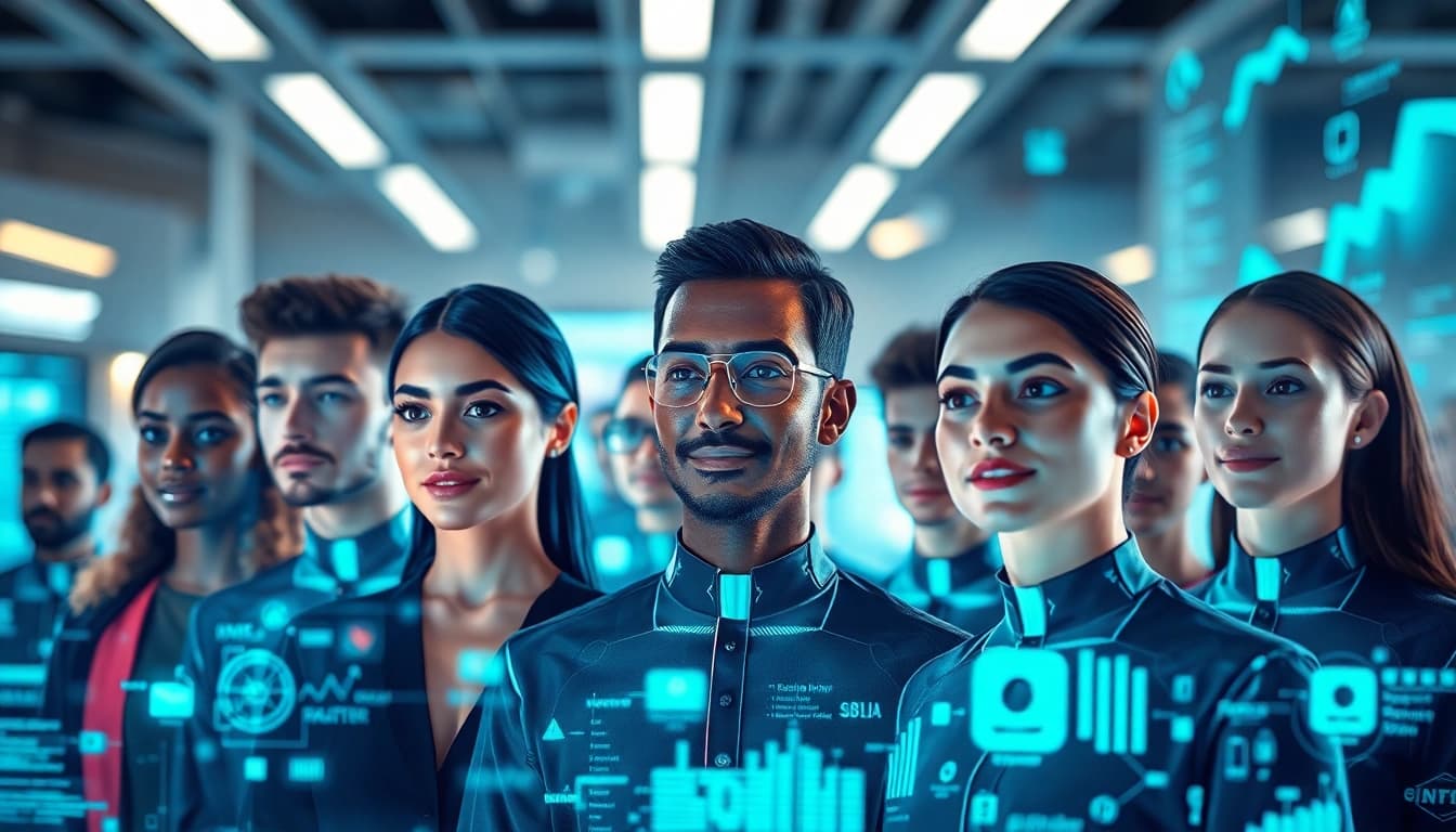 Create an engaging ai avatar in a vibrant digital workspace showcasing technology integration.