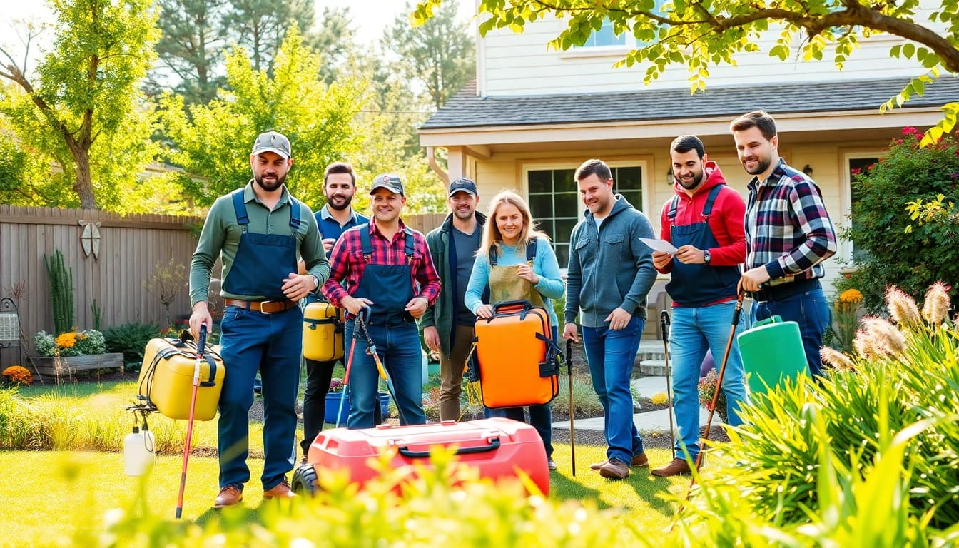 Local pest removal service technicians actively engaged in a backyard pest control operation.