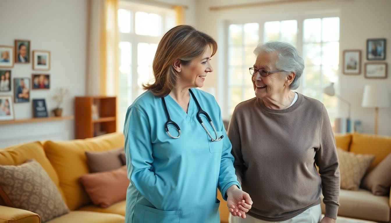 Caregiver providing in home health care near me to a senior in a cozy living room.
