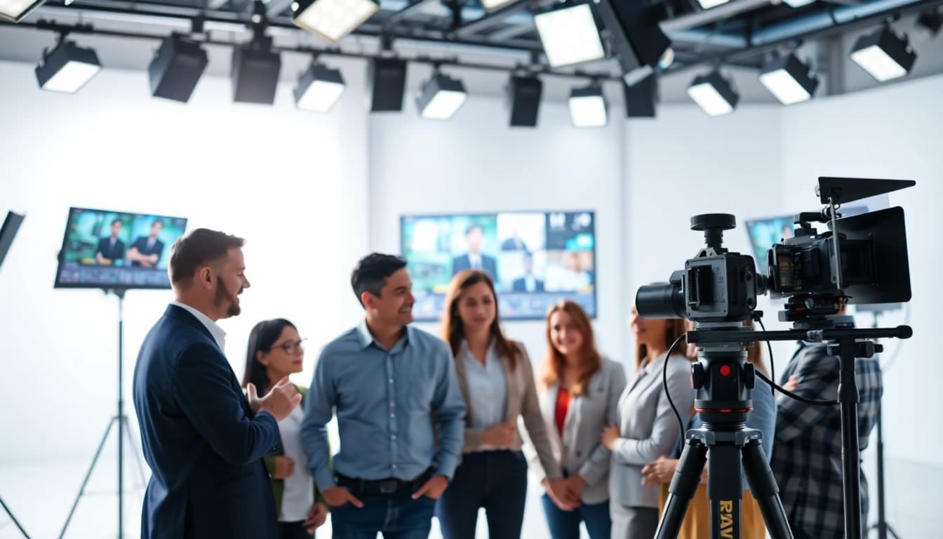 Showcasing corporate video production Calgary team collaborating creatively in a modern studio.