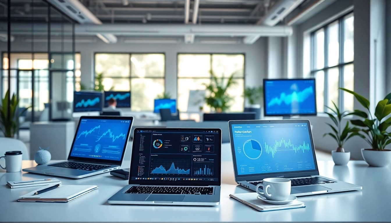 Showcase of various ai tools in a modern, professional office setting with analytics on display.