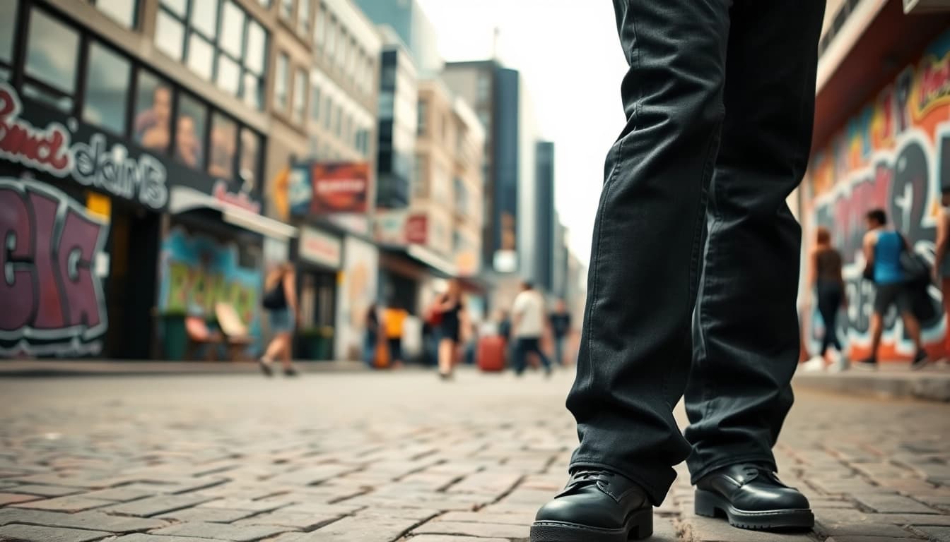 Model wearing baggy black jeans in an urban setting, showcasing a trendy and casual style.