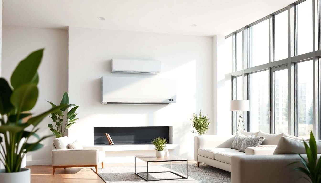 Showcase a daikin mini split ac unit in a modern living room with elegant decor.