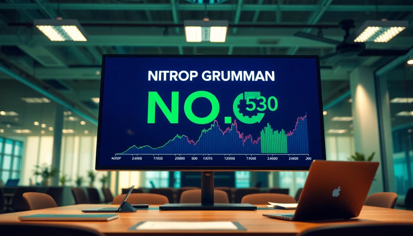 The NOC stock price displayed prominently on a financial chart in a professional office environment.