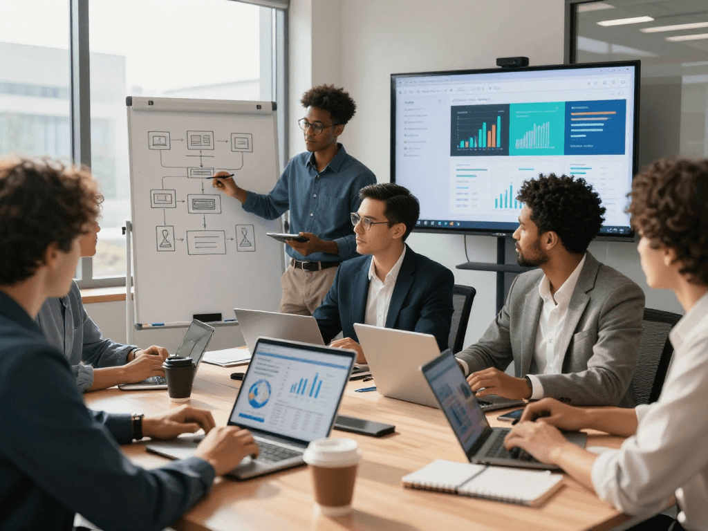 Equipo colaborando en soluciones de hosting México en oficina moderna.