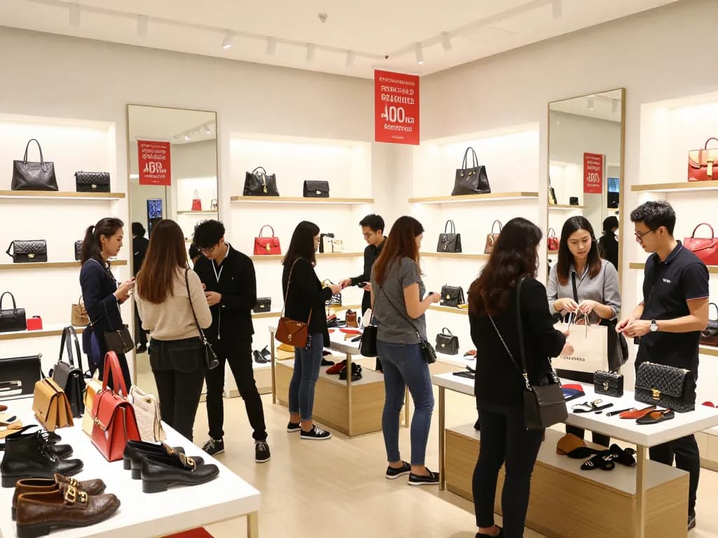 Shoppers exploring a luxurious 레플리카 쇼핑몰 filled with high-quality replica products in an inviting retail atmosphere.