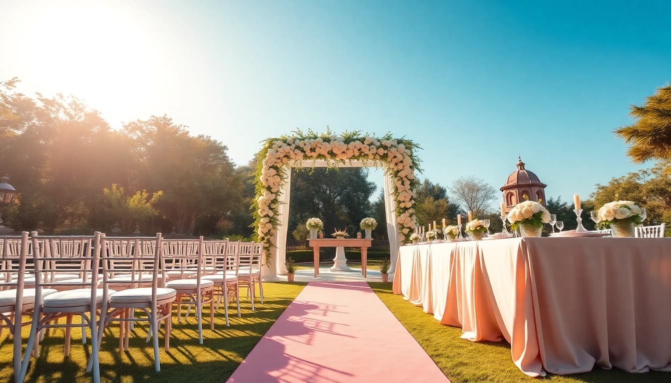 Stunning Weddings Venue setup featuring floral decorations and elegant seating.