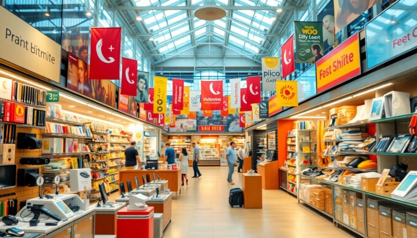 Engaging view of a Multi-Store marketplace filled with diverse products and vibrant displays.