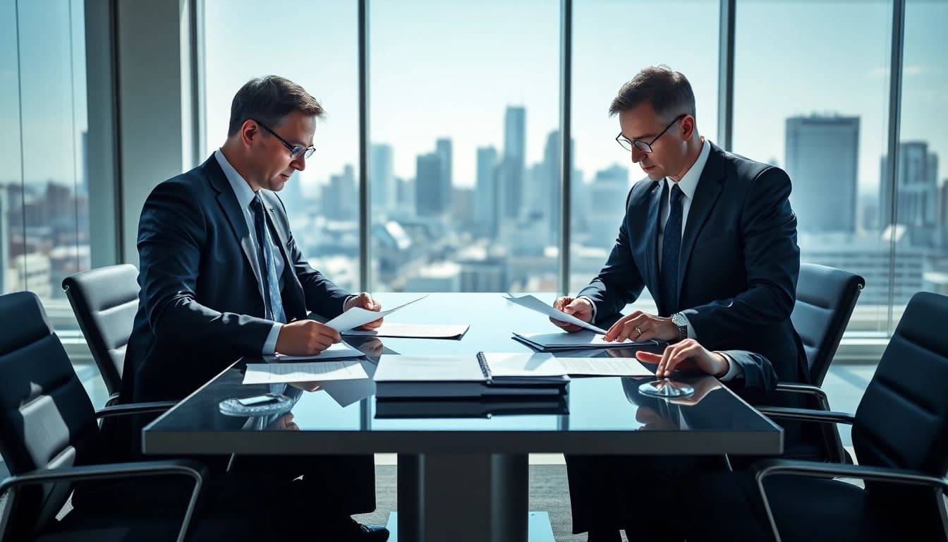 Collaboration among USA lawyers in a bright, modern office setting with legal documents.