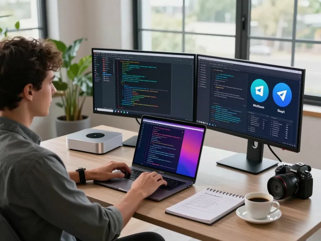 Moltbot AI workspace with Mac Mini and dual monitors displaying integrated applications and task management tools.