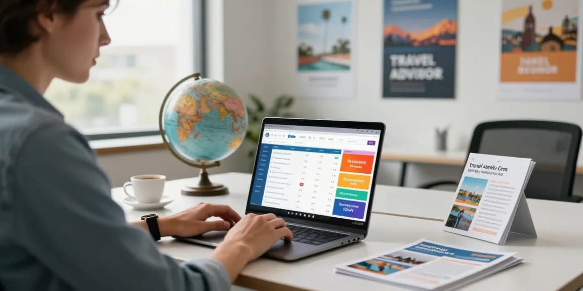Professional using travel advisor crm software in a sleek office with travel decor.