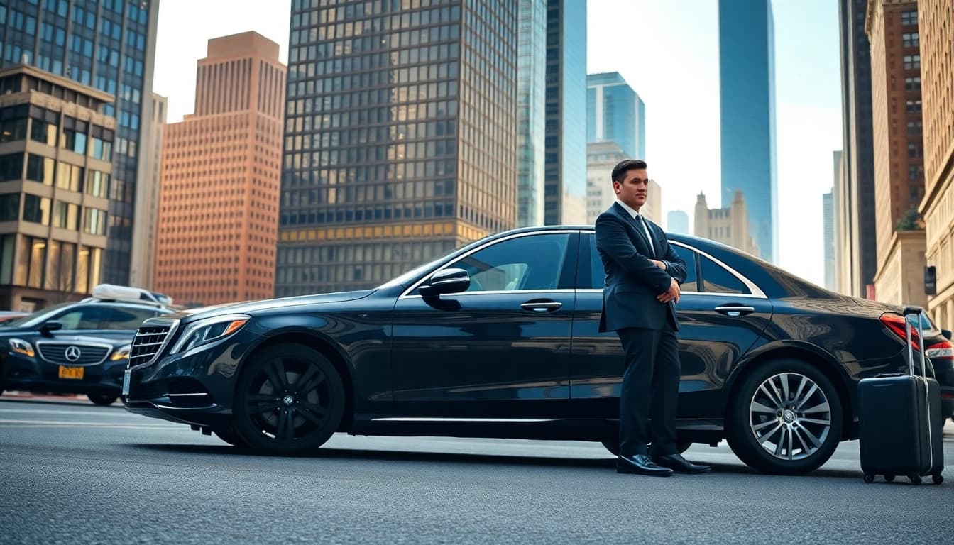 Chauffeur service nyc with a luxury sedan in New York City, showcasing a professional driver ready for clients.